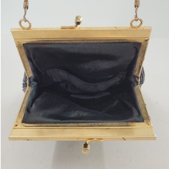 Art Deco Black Beaded Evening Bag with Gold Frame Vintage Cocktail Purse - Picture 7 of 10
